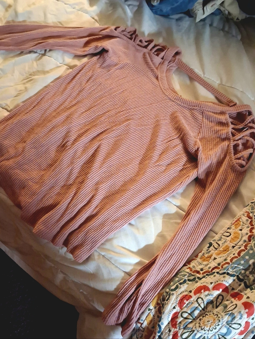 Pink Rose Dusty Pink Ribbed Cold-Shoulder Top
